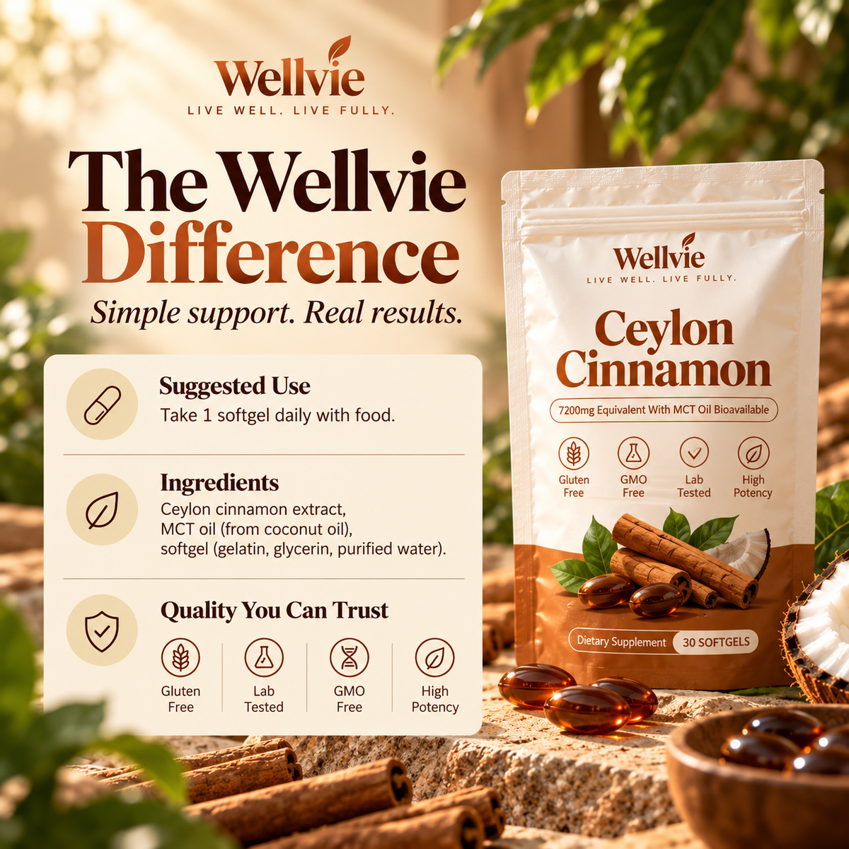 Wellvie™ Ceylon Cinnamon - The Complete Blood Sugar & Heart Support Formula